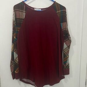 Ces Femme Burgundy Top with Plaid Accents
